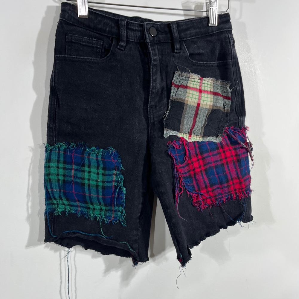 Current Mood Grunge Y2K Skater Plaid Patchwork Denim Shorts Punk Streetwear XS